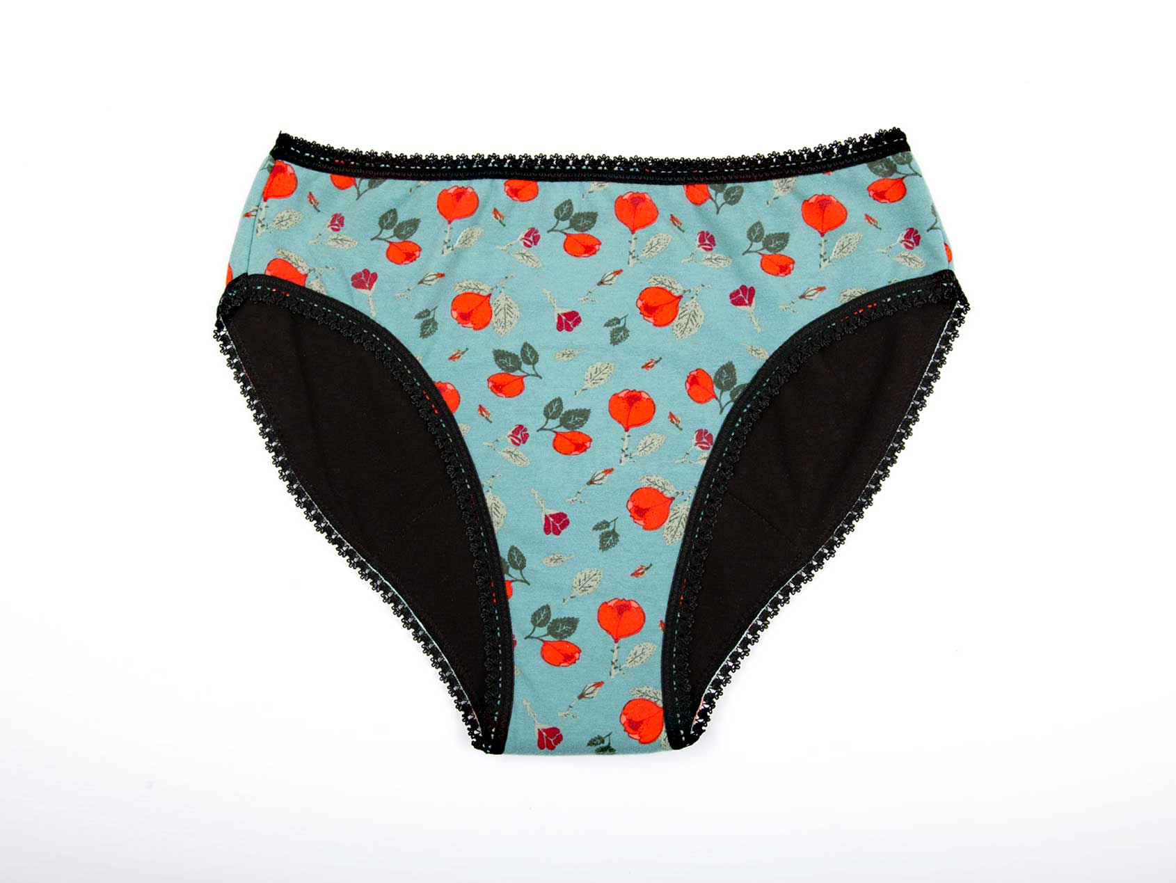 Culotte Menstruelle, turquoise à roses rouges, en coton biologique certifié GOTS et bambou Oeko-tex, made in France, Bretagne, ille et vilaine, Paimpont Rosa ©Biolunes