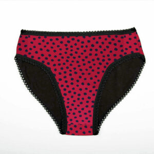 Culotte menstruelle rouge à pois noir, intérieur noir, coton biologique, fabrication Française, bretagne, artisanat, couture .biolunes écologique éthique