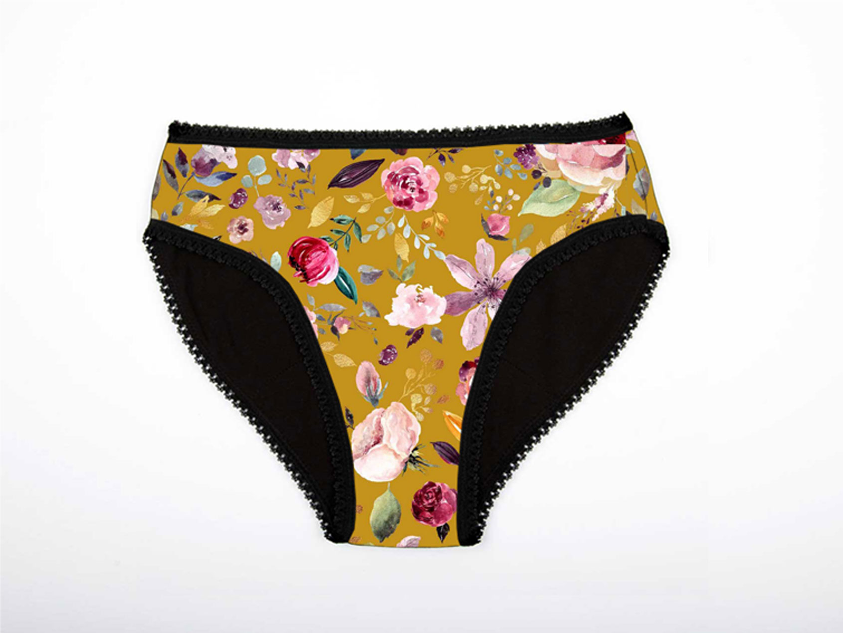 Berthe jaune fleur aquarelle Culotte menstruelle absorbante règle fuite urinaire en coton biologique certifié fabriquée en France couture main artisanat bretagne