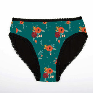 Flora vert orange fleur Culotte menstruelle absorbante règle fuite urinaire en coton biologique certifié fabriquée en France couture main artisanat bretagne