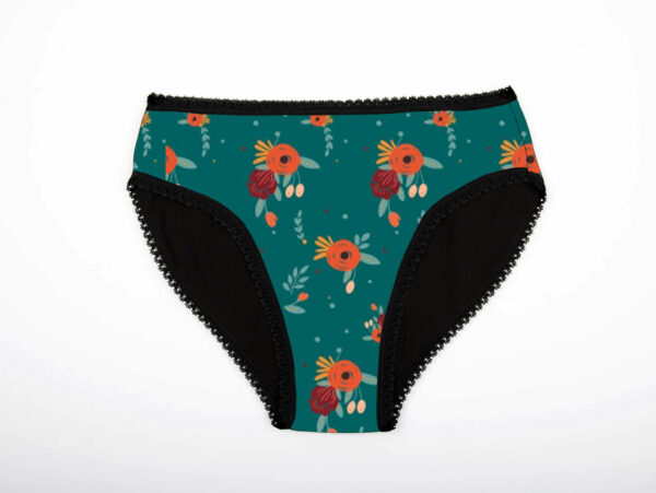 Flora vert orange fleur Culotte menstruelle absorbante règle fuite urinaire en coton biologique certifié fabriquée en France couture main artisanat bretagne